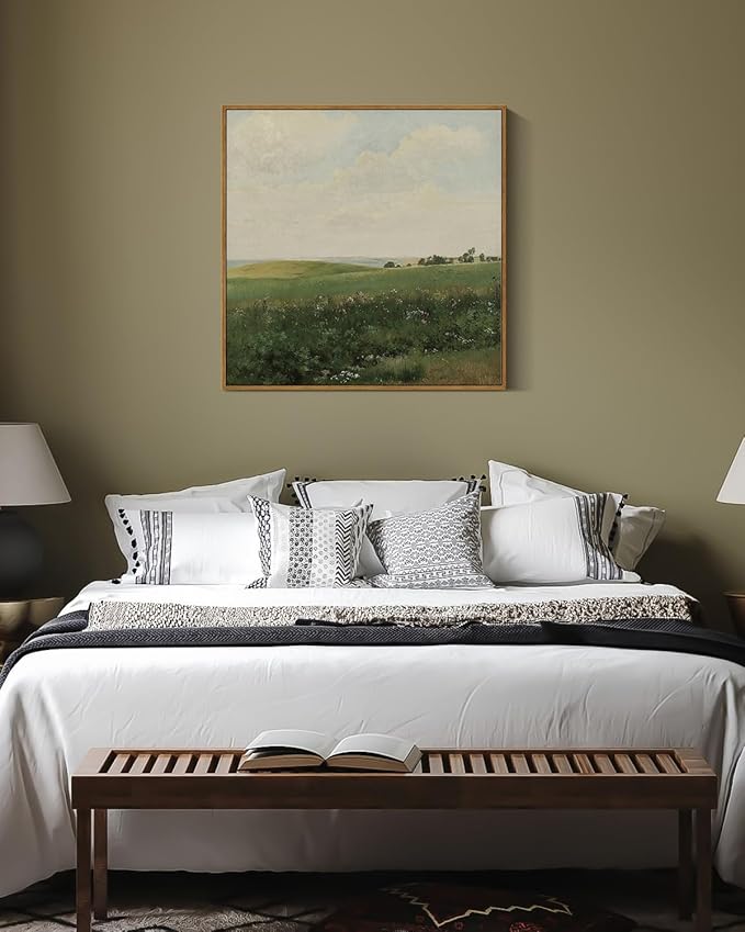 InSimSea Square Framed Canvas Wall Art, Large Decor Vintage Grassland Paintings, Field Scenery Wall Pictures for Bedroom Bathroom, Canvas Prints Artwork, Vintage Farmhouse Decor 20"x20"