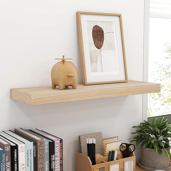 fuqing Natural Wood Floating Shelves for Wall - 24 Inch Wood Shelves Set of 2 - Natural Wooden Wall Shelves for Living Room Bedroom Home Office