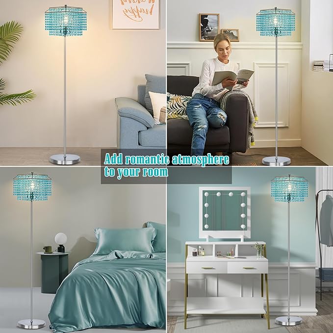 Luvkczc Crystal Floor Lamp Blue, 64" Tall Elegant Standing Lamp with On-Off Foot Switch, Double-Layer Lampshade, Light Blue Standing Lamps for Living Room, Bedroom, Office, 8W Bulb Included