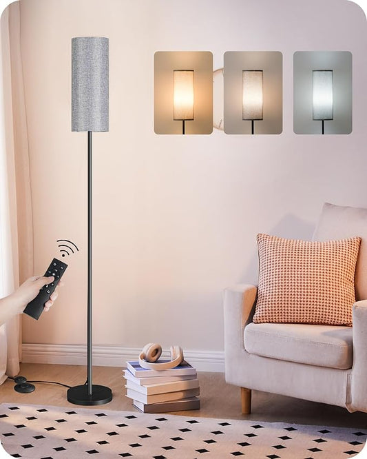 Dimmable Gray Floor Lamp for Living Room with Remote and Foot Switch, Corner Floor Lamp for Bedroom, Modern Standing Tall Lamp, 10W 900LM Bulb Included, 3000K-6500K, Linen Shade, FCC Listed H06LD05W1