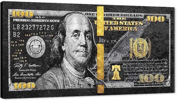 Golden 100 Dollars Money Canvas Office Home Artwork Paintings Prints Motivational Black 100 USD Money Wall Art HD Print Modern Home Rest Room Decor Wooden Framed and Stretched Easy to Hang-40 Wx20 H