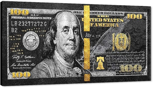Golden 100 Dollars Money Canvas Office Home Artwork Paintings Prints Motivational Black 100 USD Money Wall Art HD Print Modern Home Rest Room Decor Wooden Framed and Stretched Easy to Hang-40 Wx20 H