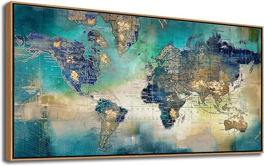 Large World Map Canvas Prints Framed Wall Art for Living Room Office 24x48 Green World Map Picture Artwork Decor for Home Decoration(With Soild Wood Dark Framed)