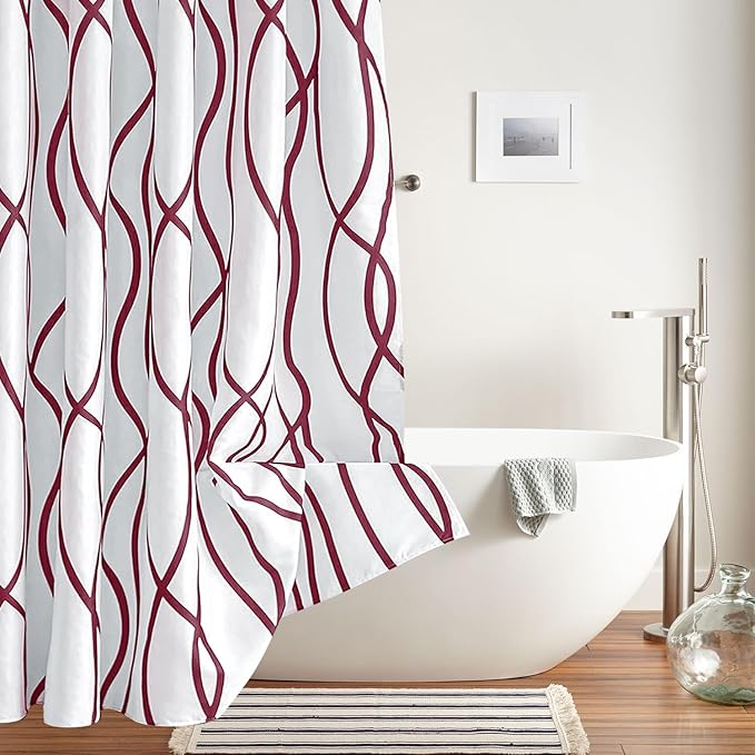 Biscaynebay Textured Fabric Shower Curtain for Bathroom 72 Wx72 L, Burgundy Printed Striped Linen Modern Hotel Luxury Quality Cloth Bathroom Curtains Machine Washable