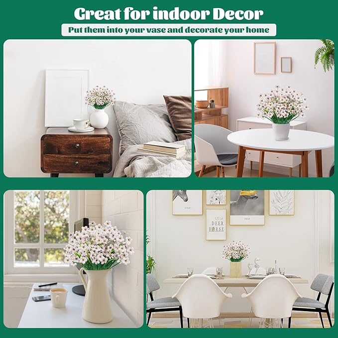 Lnoicy 24 Pcs Artificial Flowers for Outdoor,Plastic Flowers Decoration, UV Resistant Faux Flowers Shrubs, Artificial Plants for Indoor Outside Garden Home Wedding Farmhouse(White)