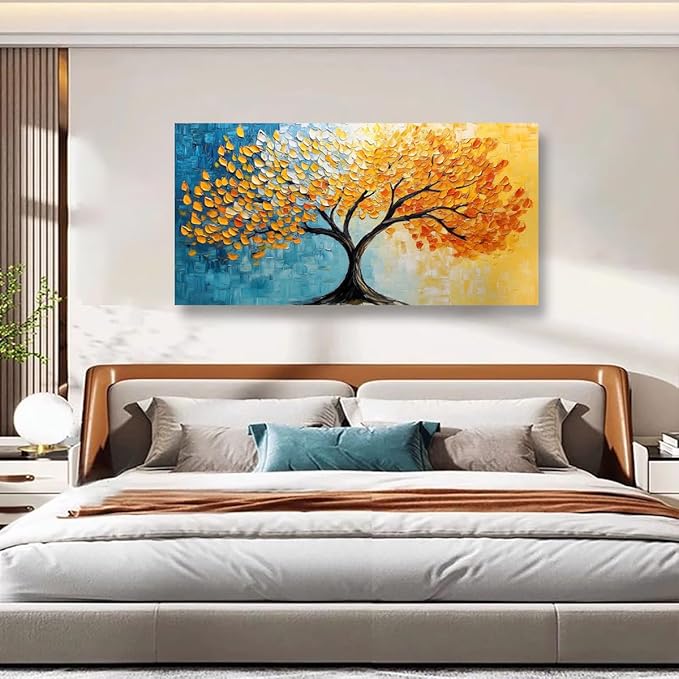 Blue and Yellow Canvas Wall Art Bedroom Wall Decor Living Room,Abstract Tree Leaves Wall Art Office Kitchen Paintings Artwork Modern Golden LeafPictures Art Prints Waterproof Ready to Hang-20x40inch