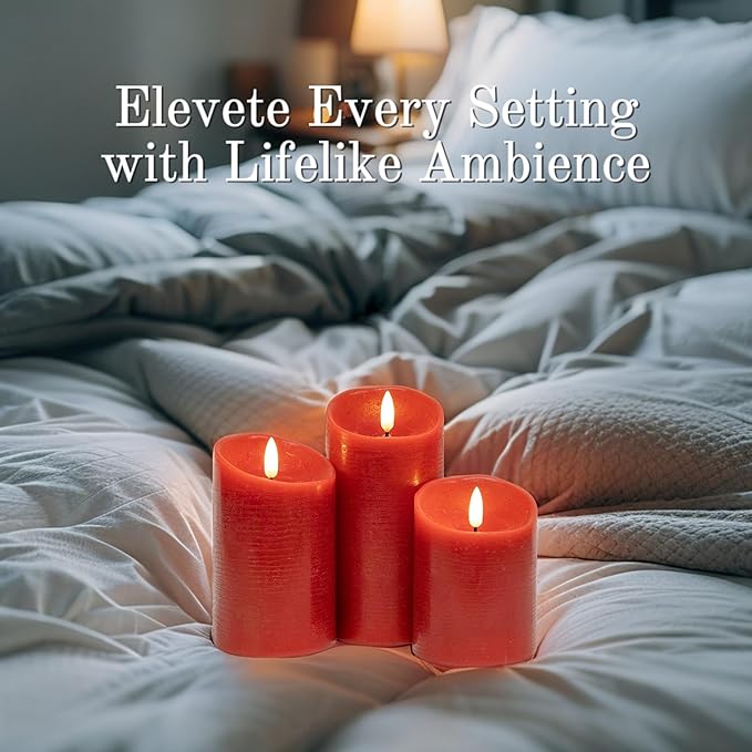 VENTA Flickering Flameless Candles with Remote Control - Battery Operated Candle for Decoration Table, Timer & Dimmer Features, Set - 3Pcs (4",5",6") (Red)