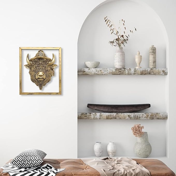 Animal Heads Wall Decor (Includes Metal Frame) Resin Animals Sculptures Head Wall Hanging Decoration Gold vintage Wall Sculpture for Living Room Bedroom Office (American Bison)