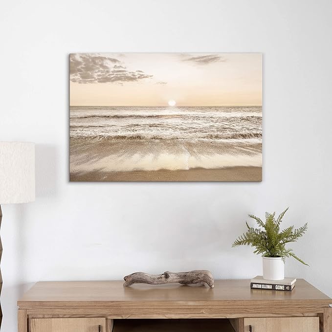 Beach Sunset Canvas Wall Art: Ocean Prints Sea Waves Picture Coastal Scenery Artwork Contemporary Large Tropical Nature Seascape Painting for Modern Living Room Bedroom Bathroom