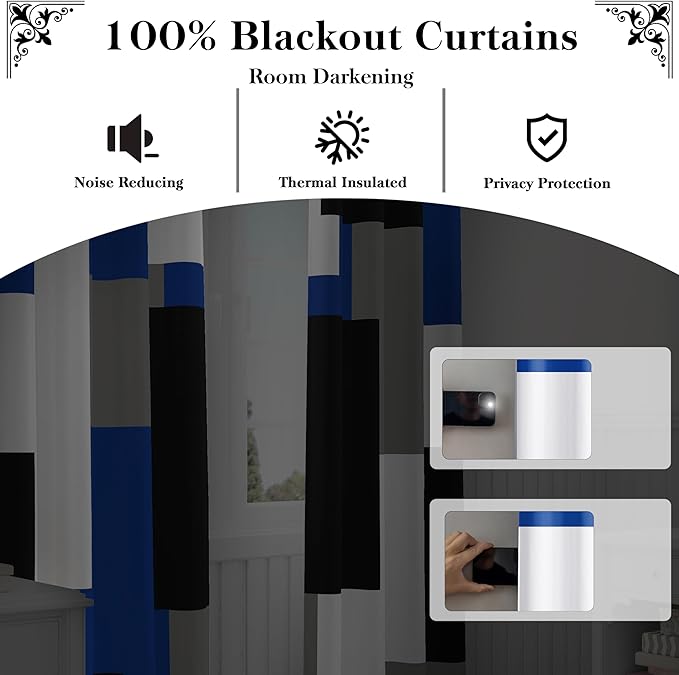 Blue Gray 100% Blackout Curtains for Bedroom 96 inch Length 2 Panels Set White Grey Modern Abstract Geometric Black Out Curtains Insulated Room Darkening Window Drapes for Living Room, 42Wx96L
