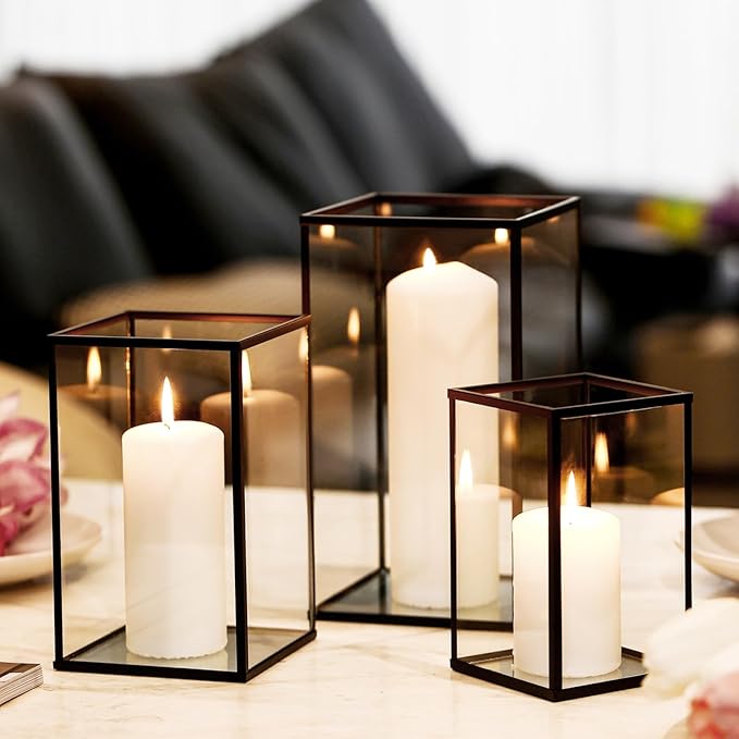 Hurricane Candle Holder 3 PCS, Black Glass Candle Holder Square Hurricane Candle Centerpieces for Tables Decorative, Wedding, Party