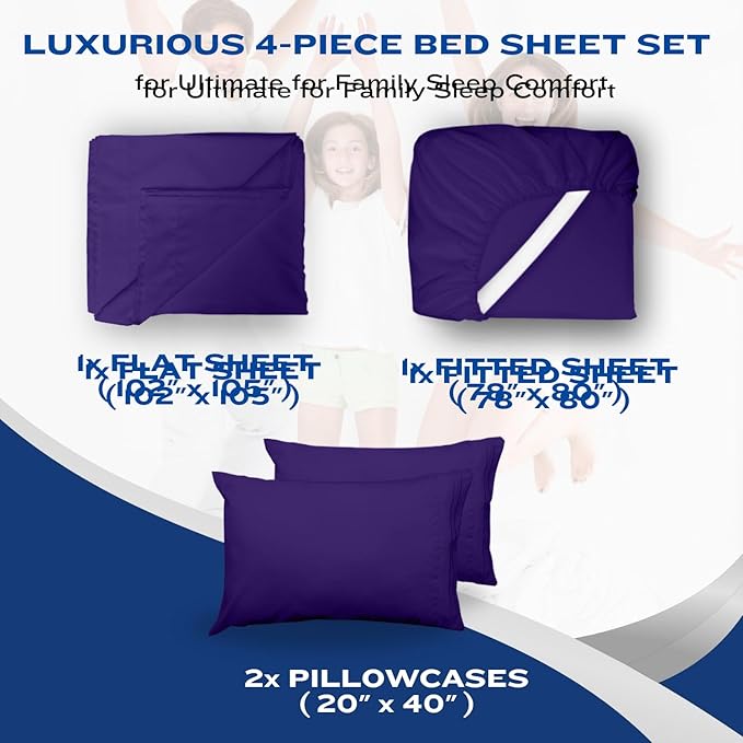 DREAMCARE Twin XL Sheet Set - Cooling Bed Sheets - 4pc Set - up to 15" Deep Pocket - Soft & Long Lasting 100% Fine Brushed Polyester with Side Pocket - Purple
