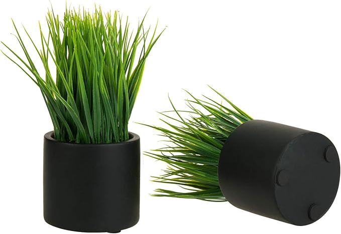 MyGift Tabletop Artificial Grass Plants Decorative Faux Greenery Plant Potted in Modern Cylindrical Black Cement Pots, Set of 2
