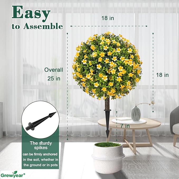 Fall Artificial Topiary Ball Trees with Spike Set of 2, Fall Faux Boxwood Plants for Outdoor Planters, UV Resistant Artificial Outdoor Shrubs, Fake Bushes for Porch, Garden, Patio Decor