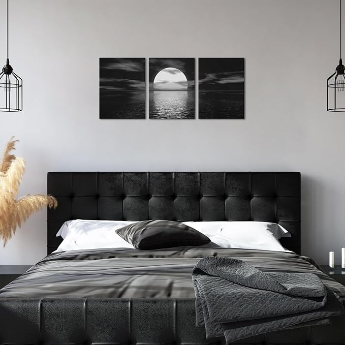 SkenoArt 3 Piece Black and White Bathroom Canvas Wall Decor Ocean Under Moonlight Painting Print Full Moon Seascape Picture Artwork for Home Bedroom Living Room Wall Decor Easy to Hang 12"x16"x3 PCS