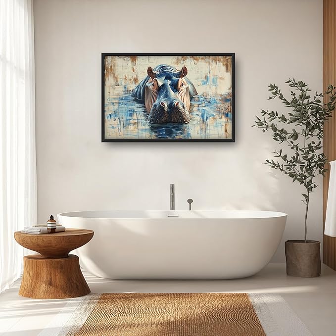 Extra Large Framed Abstract Hippo Wall Art,Oversized African Hippopotamus Wild Animal Wall Decor,Vintage Pictures for Living Room,Canvas Print Painting Modern Artwork Bedroom Office Bathroom 36L x24W
