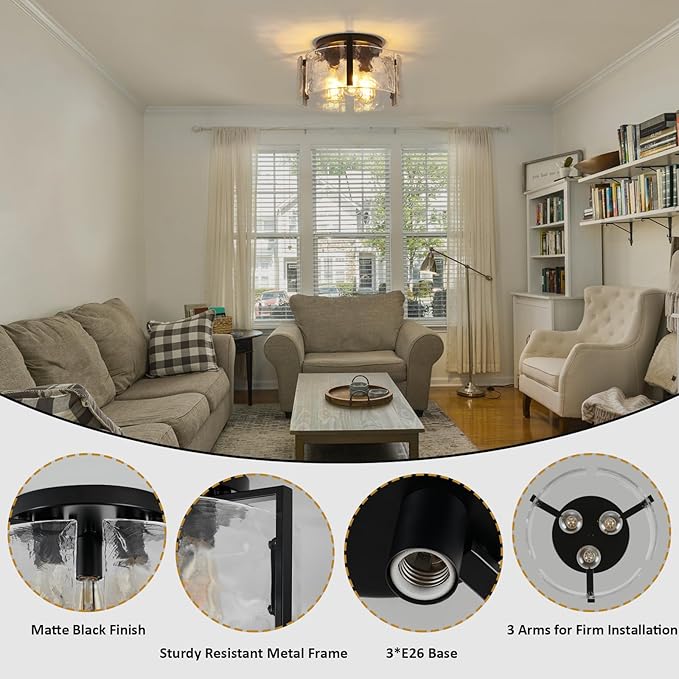 Black Semi Flush Mount Ceiling Light Fixture, 3-Light Modern Hallway Light Fixtures Ceiling Mount, Foyer Kitchen Lighting Fixtures Ceiling Lights for Bedroom, Bathroom, Laundry Room, Entryway, Hallway