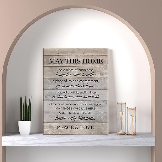 New Home Wall Art May This Home Be a Place of Happiness Canvas Print Inspirational Quote Framed Painting for Wall & Tabletop Decor Housewarming Gift