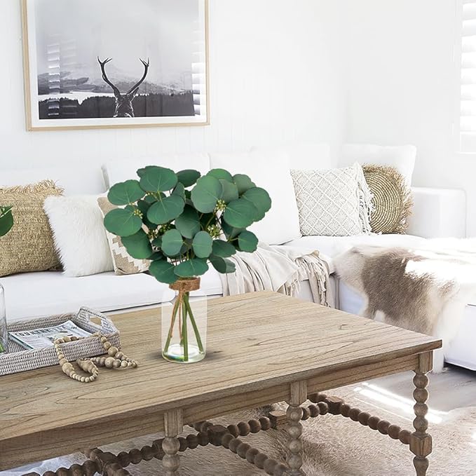 Briful Artificial Eucalyptus Stems in Clear Glass Vase with Faux Water, 14" Fake Plant Eucalyptus Leaves for Home Office Farmhouse Wedding Centerpiece Décor