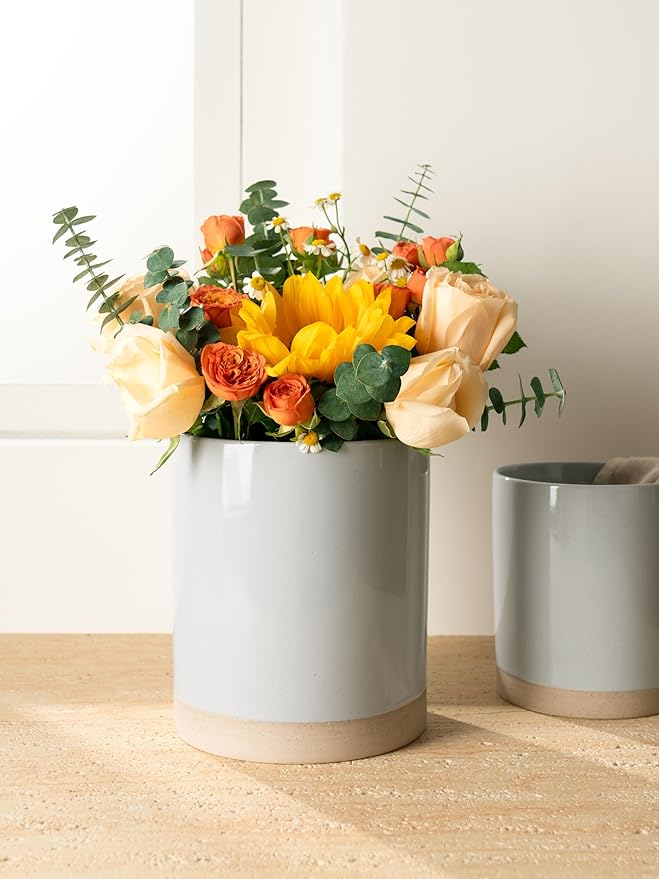 famiware Milkyway Kitchen Utensil Holder for Countertop, 7.2"+5.8" Ceramic Cooking Utensil Crocks for Counter, Utensil Organizer for Spatula & Spoon, Kitchen Decor, Set of 2, Light Gray