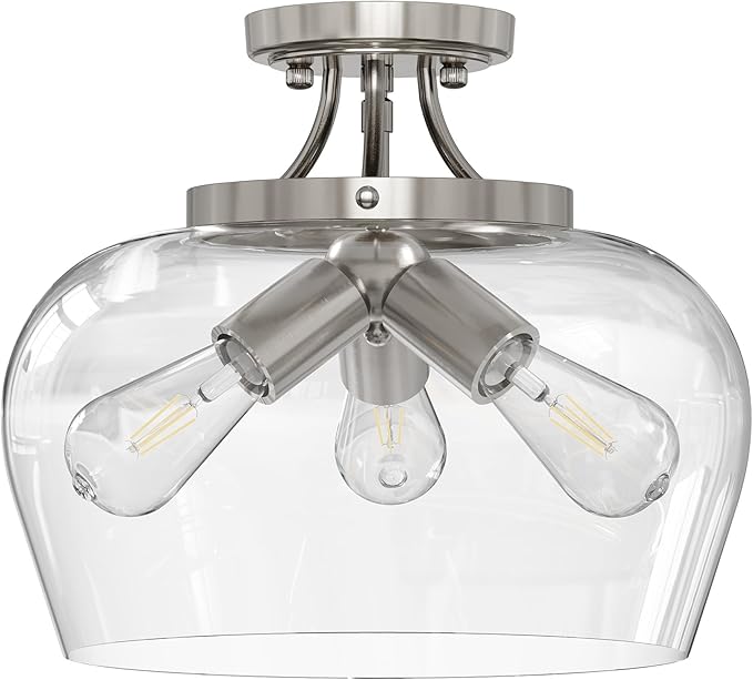 VONLUCE Semi Flush Mount Ceiling Light, 13.8" Ceiling Light Fixture with Clear Glass Shade, E26 Base, 3-Bulb Industrial Lighting Fixture for Dining Room Hallway Entryway Bedroom, Brushed Nickel