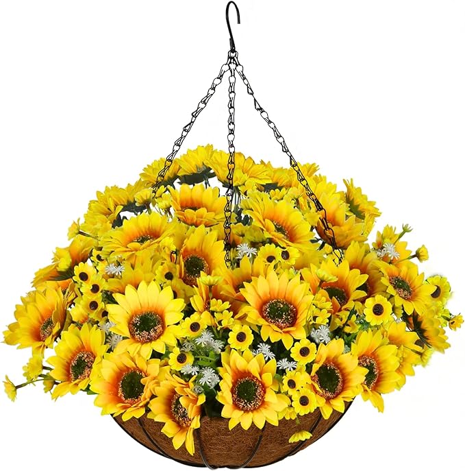 Artificial Hanging Flowers Basket, Fake Plants, Faux Silk Sunflower, for Spring Summer Outdoor Decoration, UV Resistant, Coconut Planter, Look Real for Patio Garden Yard Decor