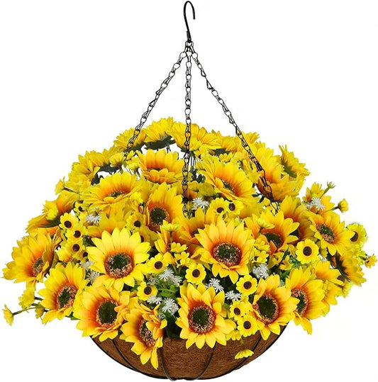 Artificial Hanging Flowers Basket, Fake Plants, Faux Silk Sunflower, for Spring Summer Outdoor Decoration, UV Resistant, Coconut Planter, Look Real for Patio Garden Yard Decor