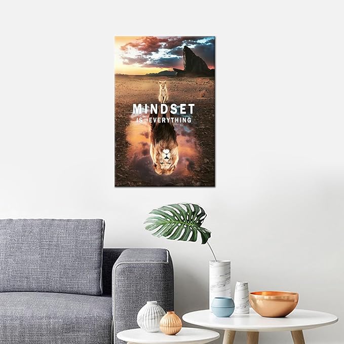 Inspirational Canvas Painting Small Cat and Big Lions Mindset is Everything Wall Art Cute Animal Poster Prints Wall Pictures for Office Living Room Home Decor Framed Ready to Hang [12''W x 18''H]