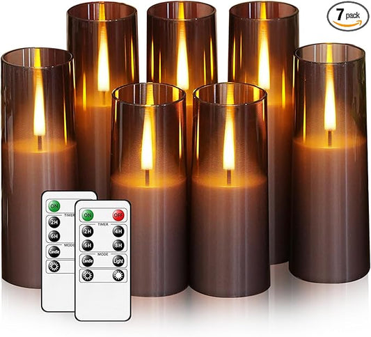 Flickering Flameless Candles 7Pcs Upgraded Realistic Dancing Flame Battery Operated Candles,LED Candles with Remote and Timers,Acrylic Electric Pillar Candles for Festivals Decor(Grey)