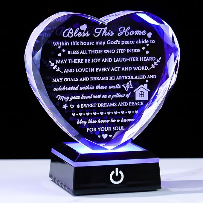 House Warming Gifts New Home Crystal Heart Keepsake with LED Base Housewarming Gifts for Women Men House Warming Gifts Couple Presents Home Blessing Warm Gift New Apartment