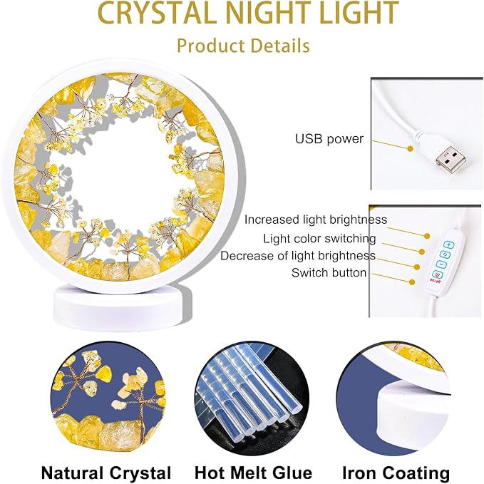 Runyangshi Natural Crystal Citrine Small Tree Round White Frame Tri-Color Ambient Light Home Decoration Night Light Healing Decor Gift