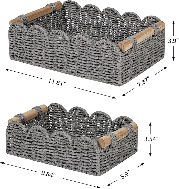 CubesLand Scalloped Edge Decor Baskets for Home, Living Room, Toilet Paper Storage Basket for Over Toilet Tank Top, Storage Shelf, Cute Small Paper Rope Baskets Both Storage&Decor, Set 2 Grey