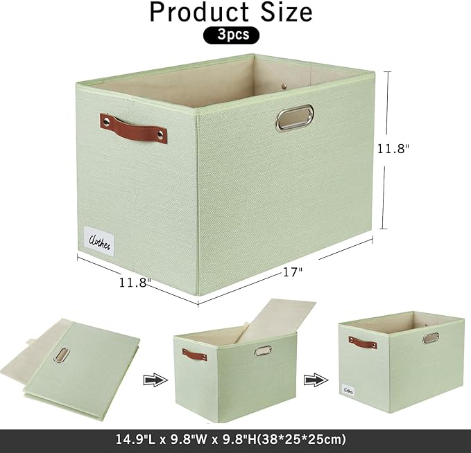 3-Pack Foldable Fabric Storage Bins with Durable PU & Metal Handles, Collapsible Storage Baskets for Shelves, Home Storage, Closet Organizers, Living Room(17"x11.8"x11.8", Sage Green)