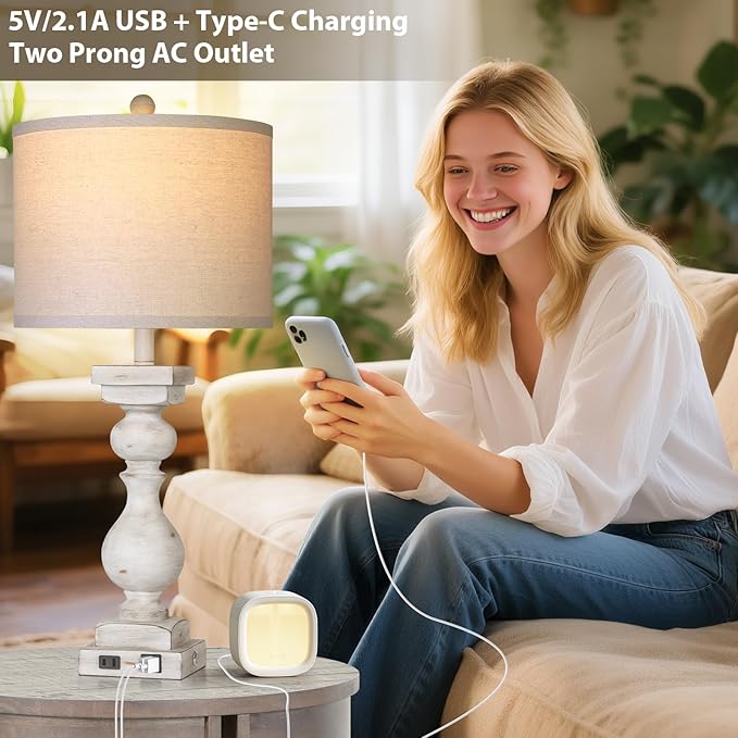 28" Tall Farmhouse Table Lamps Set of 2 with USB C+A Ports and AC Outlet, 3 Way Touch Tall Rustic Bedside Lamps for Living Room, Off White Vintage Lamps for Bedroom Nightstand