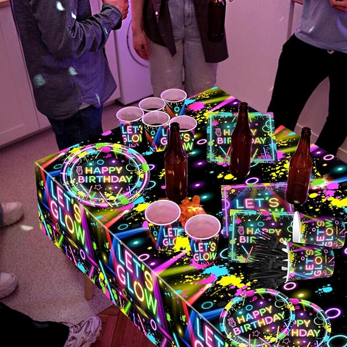 Neon Party Supplies,142Pcs Let Glow Party Decorations Including Disposable Paper Plates,Cups,Tablecloths, Glow in the Dark Theme Decoration for Birthday Baby Shower Party