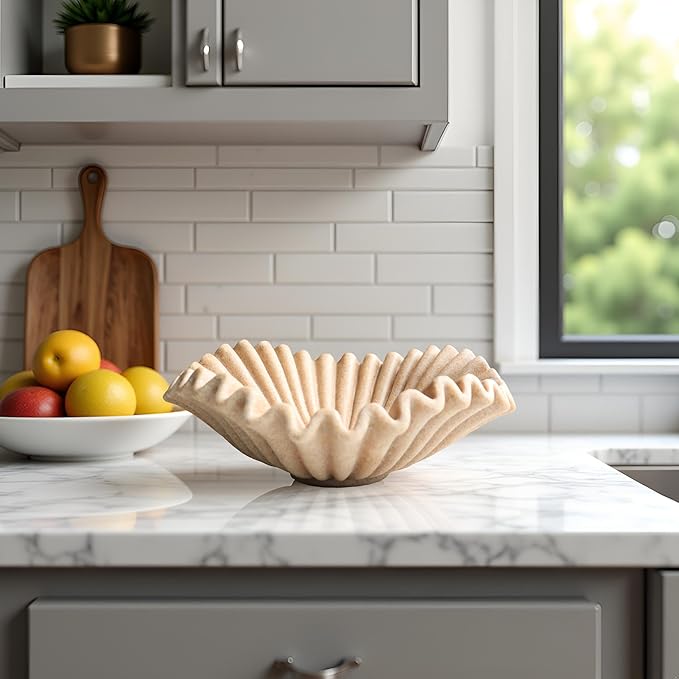 Large Decorative Bowl decor, Scalloped Pedestal Bowls for Modern Home Decor,Ruffle Decor,Stylish Key Bowl for Entry Table,Decorative Fruit Bowl for Kitchen Counter,Beige