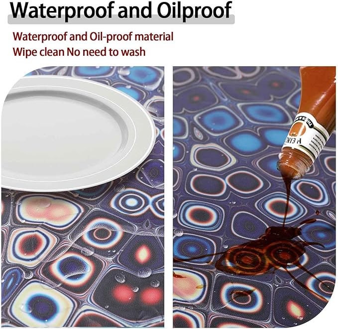 Fitted Vinyl Round Tablecloth for 36-44" Table Boho Waterproof Reusable Summer Fall Tableclothes Campers Inside Outdoors Supplies Dining Room Kitchen Needs White Elephant Gifts