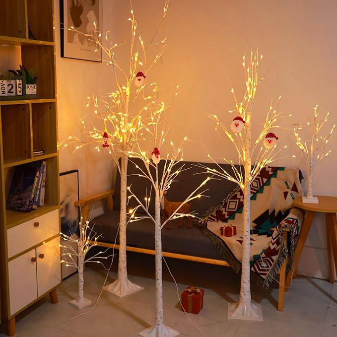 Set of 3 Lighted Birch Tree 4FT 5FT and 6FT, Higher Size, Timer Function Birch Christmas Tree with 144 LED Warm White Lights for Indoor Christmas Decorations Outdoor Yard Garden Home Bedroom Party