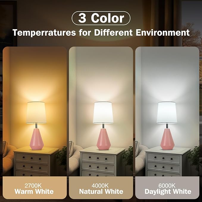 Small Bedside Table Lamp for Bedroom - Reading Desk Lamp with 3 Color Temperatures，15.5" Nightstand Ceramic Lamp with Fabric Shade for Kids Room,Living Room,Dorm,Home Office (Pink+White)