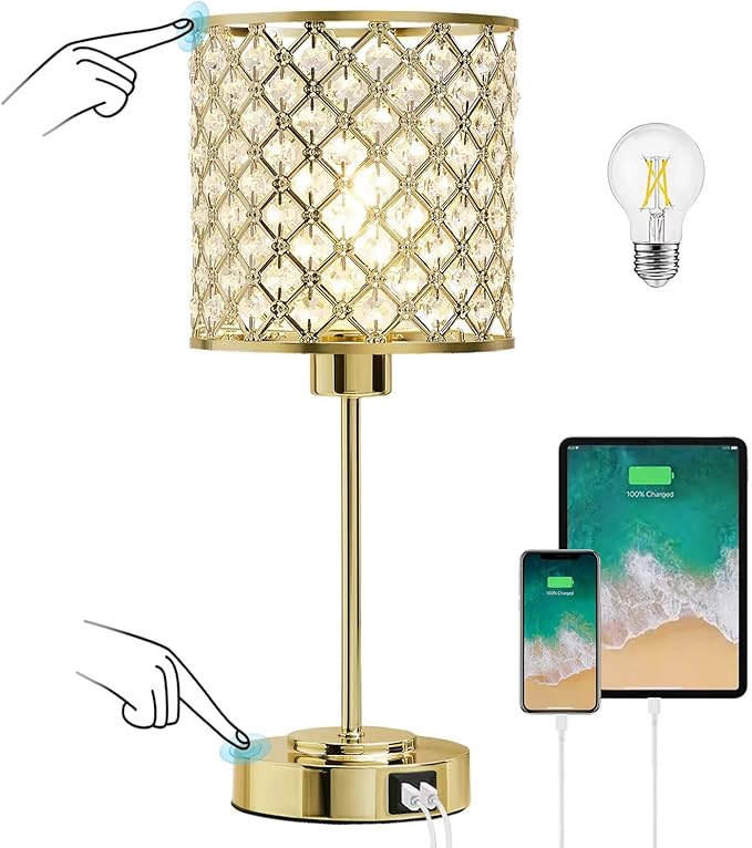 GyroVu Crystal Table Lamp, Crystal Touch Control with USB-C+A Ports, 3 Way Dimmable Gold Bedside Lamp with Bulb