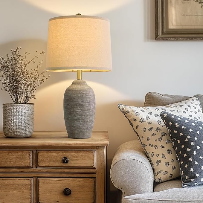 24.5" Handcrafted Ceramic Table Lamp - Single Farmhouse Vintage Rustic Bedside Lighting for Living Room, Bedroom, Entryway | Nightstand & End Table Decor with Linen Shade (Bulb Not Included)