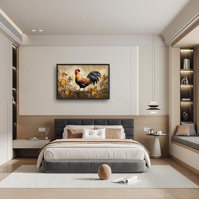 Flintis Large Rooster Framed Wall Art Vintage Chicken Grapevine Pictures Wall Decor Abstract Animal Canvas Painting Print Artworks Decor Framed for Living Room Bathroom Master Bedroom 36L X 24W