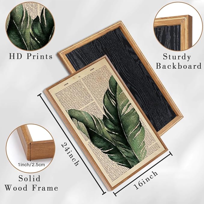 ANHUIB Large Botanical Prints Wall Art Framed Palm Leaf Wall Decor 16x24Inch Vintage Plant Art Prints Green Leaves Paintings Set of 3 for Living Room Bedroom Office