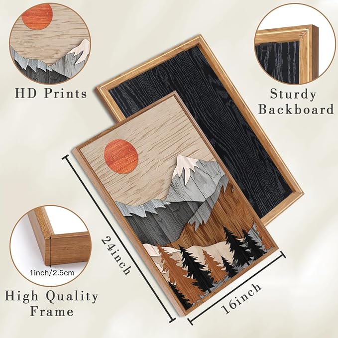 ANHUIB Mountain Wall Art 16x24 Inch Large Forest Wall Decor Woodcut Pine Tree Illustration Nature Wilderness Art Print Abstract Landscape Painting Set of 3 for Living Room Bedroom Office