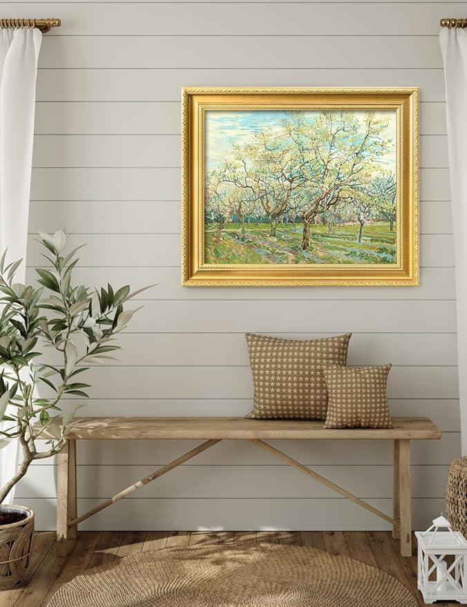 DECORARTS - The White Orchard by Vincent Van Gogh. Giclee Print on Acid-Free Canvas in Gold Solid Wood Frame. Picture Size: 20x16, Total Size: 24.75x20.75, Made in USA