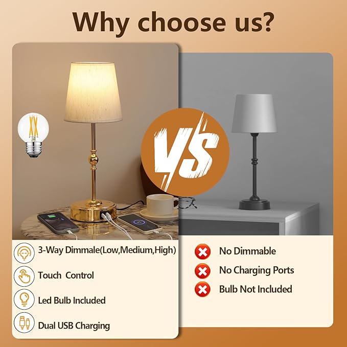 Bedside Table Lamp for Bedroom with 2 USB Charging Ports Minimalist Modern Small Gold Nightstand Lamp 3-Way Dimmable Touch Desk Lamp for Living Room Home Office Dorm,LED Bulb Included