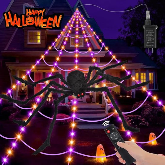 Halloween Decorations Spider Web: Halloween Spider Web Light 250 Purple & Orange LED Lights 59" Giant Spiders Scary Halloweens Decorations Outdoor Indoor for Party Garden Yard Home Haunted House Decor