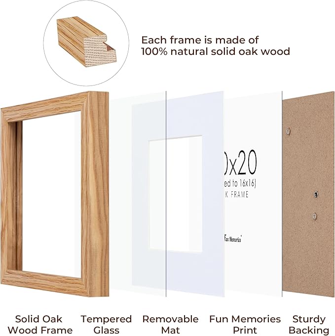 Fun Memories 20x20 Square Picture Frames, Rustic Solid Oak Wood Frame 20 x 20 for Wall, Wooden 20 by 20 Photo Frames with Tempered Real Glass, 20x20 Frame Matted to 16x16, Natural Color, Set of 2