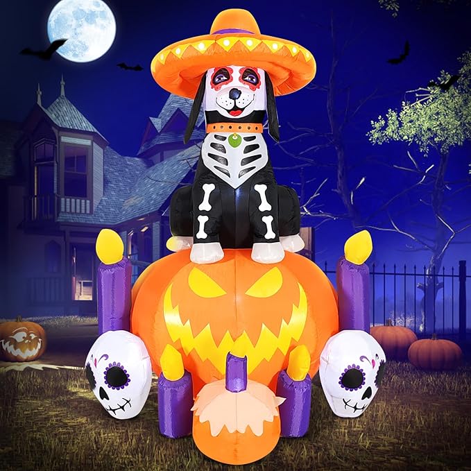 DomKom Halloween Inflatable Blow Up Decorations, Dia de Los Muertos 6FT Day of Dead Catrina Dog with Pumpkin and Candles, Built-in LEDs for Holiday Party, Garden, Lawn, Yard, Patio Décor