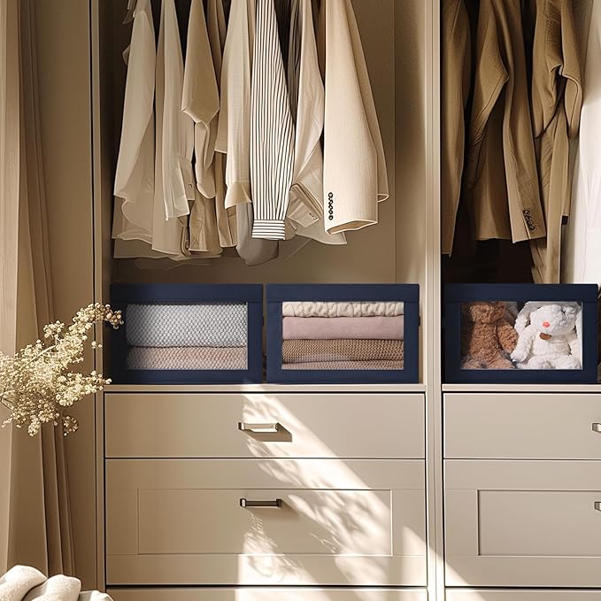 Organizing Bins with Lid - 4 Pack Foldable Clear Window Storage Bins, Large Storage Boxes with Handles, Storage Containers for Clothes, Towel, Blanket, Sheet, Navy Blue